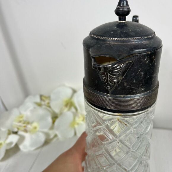 Large Silver Plate Cut Clear Glass Serving Pitcher Carafe - Picture 5 of 13
